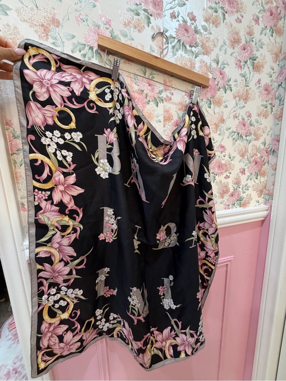 Balmain Black Satin Floral Draped Robe with Pink & Cream Accents